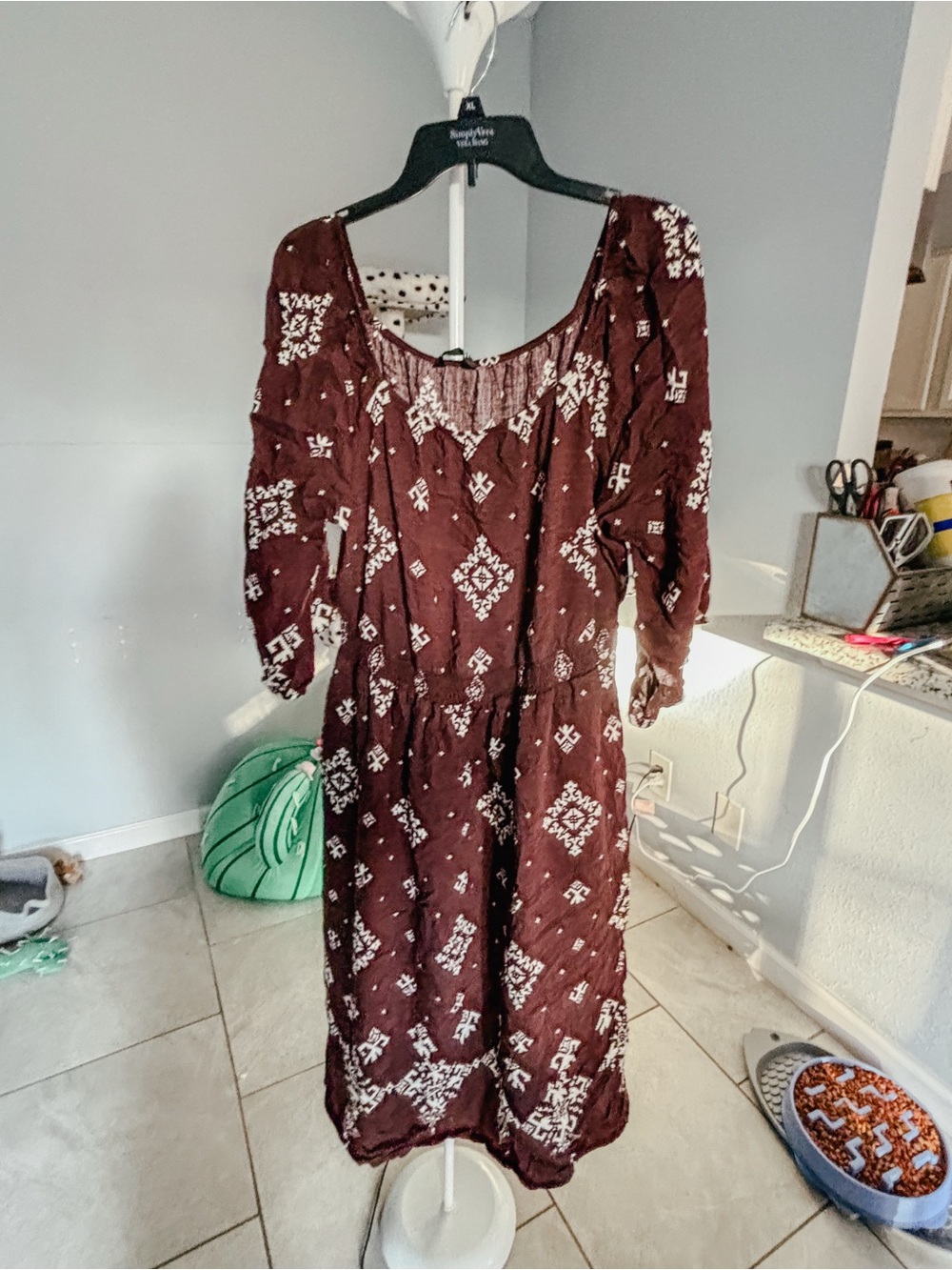 Boho Tie-Waist Midi Dress in Chocolate with White Print
